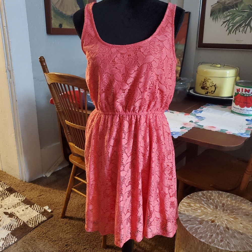 LC Lauren Conrad Stretch Lace Coral Dress Med